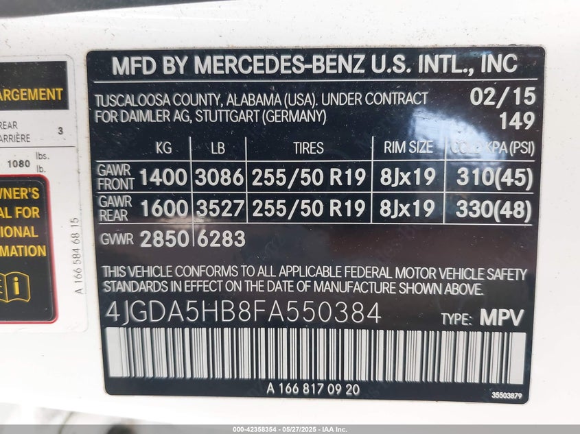 2015 MERCEDES-BENZ ML 350 4MATIC - 4JGDA5HB8FA550384