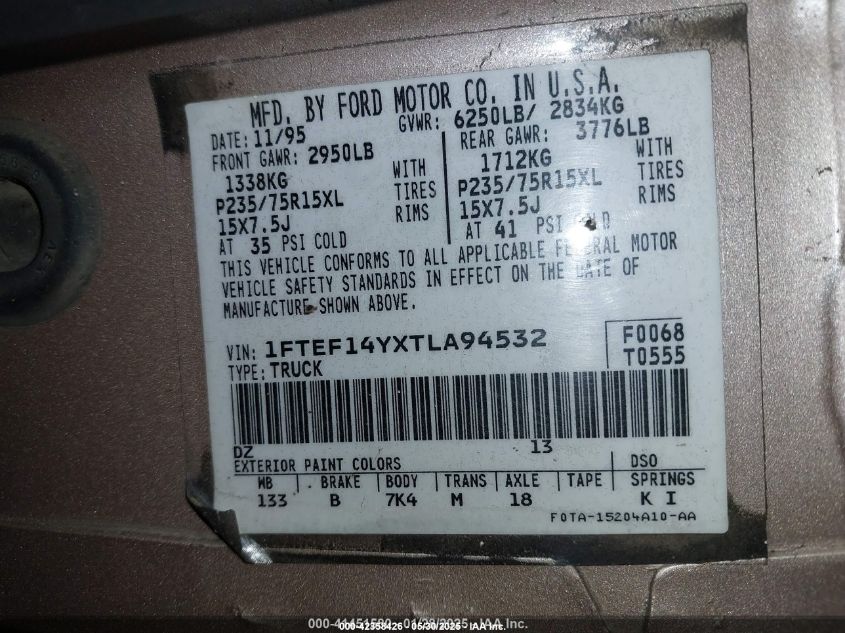 1996 Ford F150 VIN: 1FTEF14YXTLA94532 Lot: 42358426
