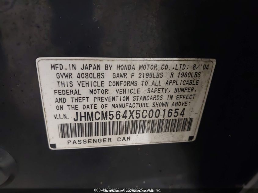 2005 Honda Accord 2.4 Lx VIN: JHMCM564X5C001654 Lot: 42358452