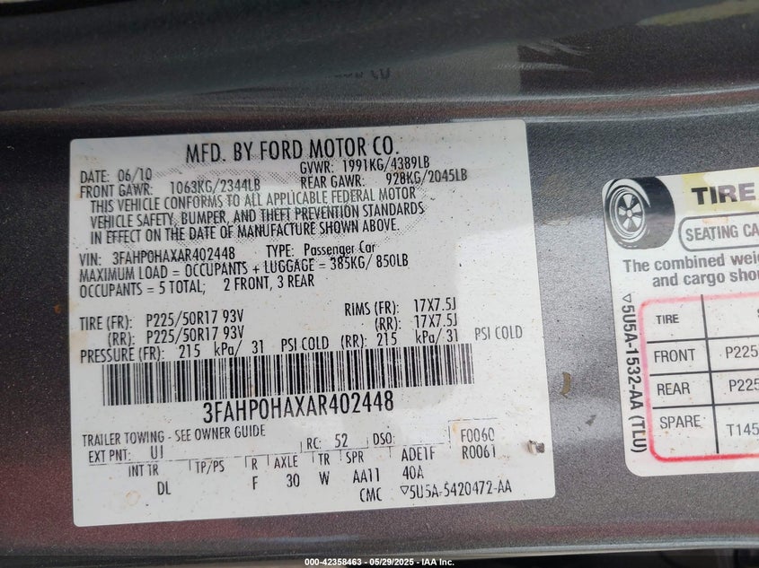 2010 FORD FUSION VIN: 3FAHP0HAXAR402448