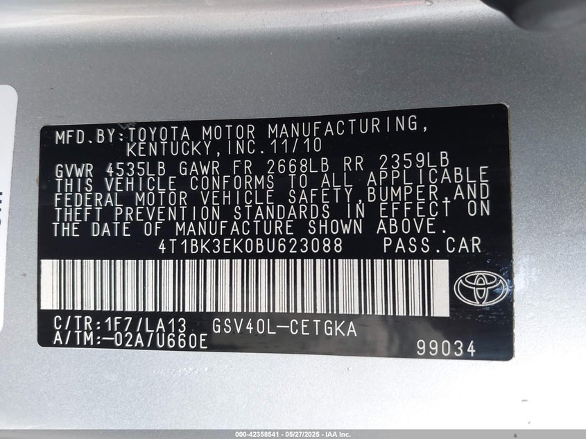 2011 TOYOTA CAMRY VIN: 4T1BK3EK0BU623088
