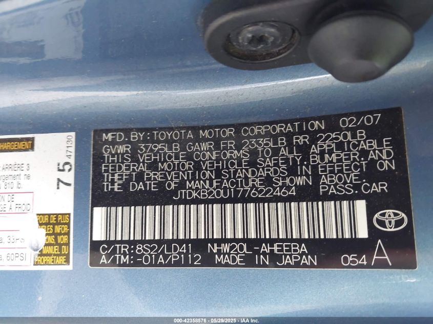 2007 Toyota Prius VIN: JTDKB20U177622464 Lot: 42358576