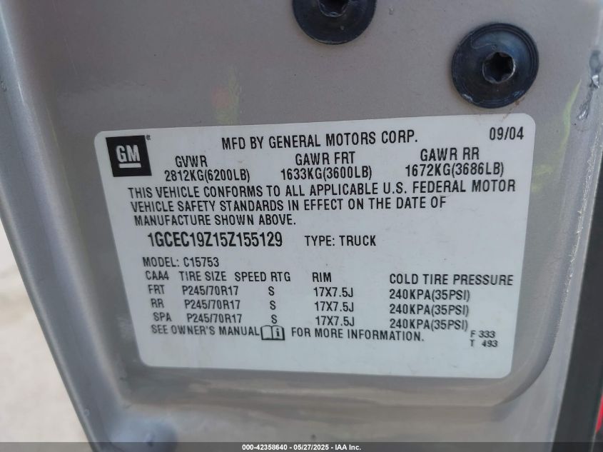 2005 Chevrolet Silverado 1500 Ls VIN: 1GCEC19Z15Z155129 Lot: 42358640