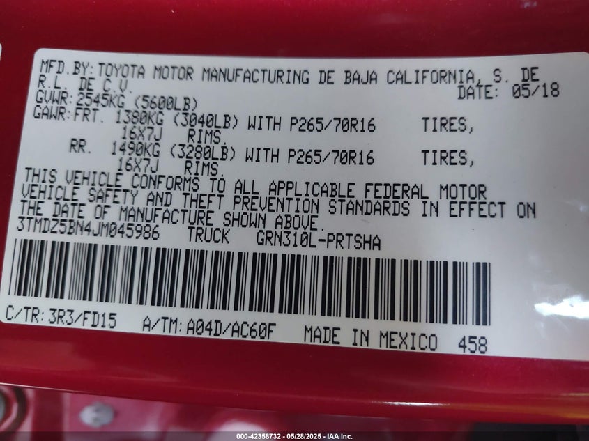 2018 TOYOTA TACOMA SR5 V6/TRD OFF ROAD/TRD SPORT - 3TMDZ5BN4JM045986