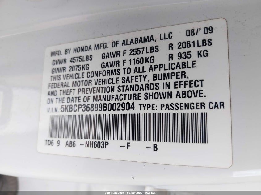 2009 HONDA ACCORD VIN: 5KBCP36899B002904