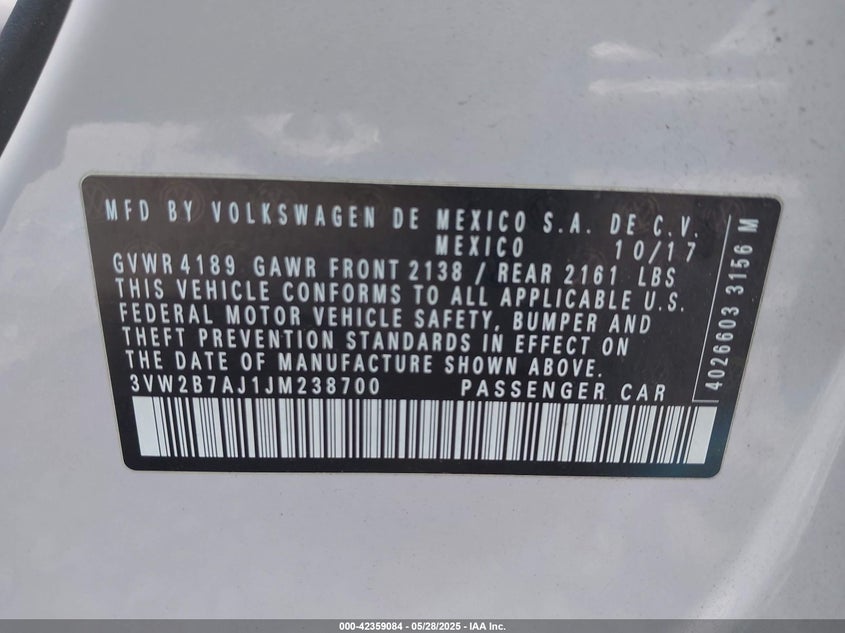 2018 VOLKSWAGEN JETTA VIN: 3VW2B7AJ1JM238700
