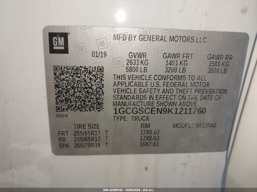 2019 Chevrolet Colorado Lt VIN: 1GCGSCEN9K1211760 Lot: 42359158
