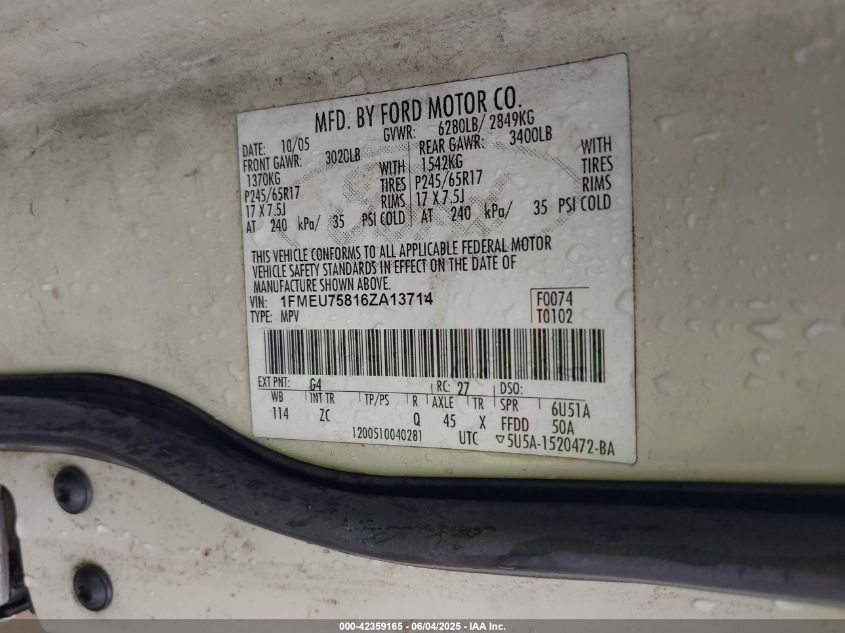 2006 Ford Explorer Limited VIN: 1FMEU75816ZA13714 Lot: 42359165