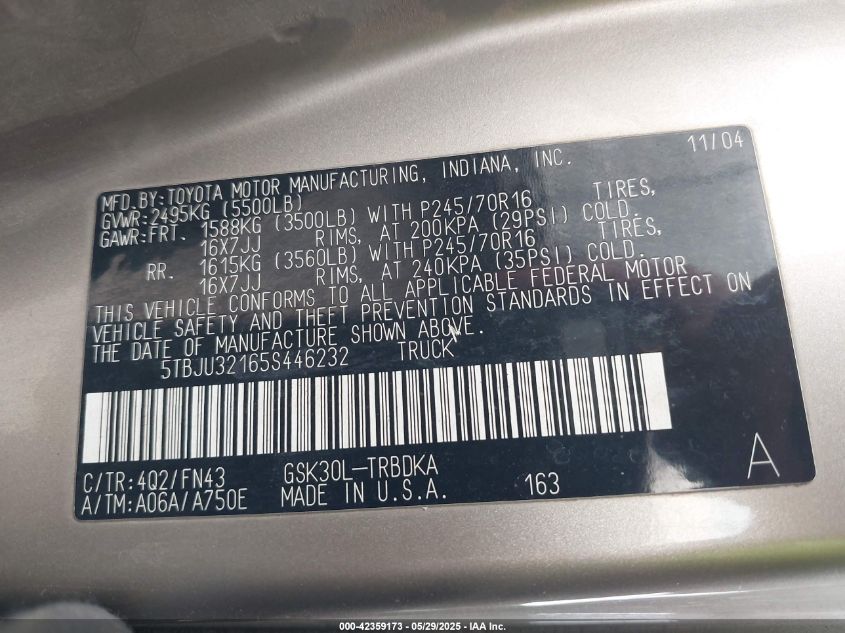 2005 Toyota Tundra VIN: 5TBJU32165S446232 Lot: 42359173