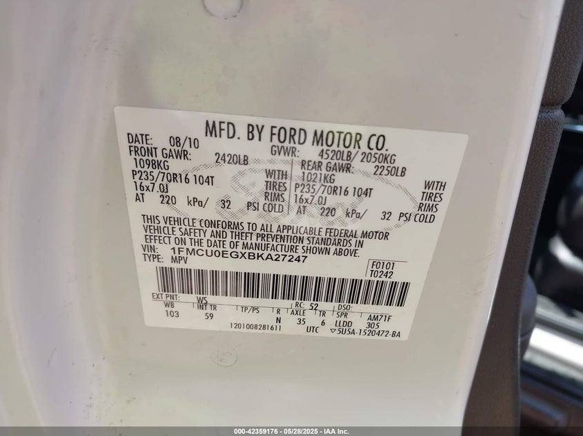 2011 FORD ESCAPE VIN: 1FMCU0EGXBKA27247