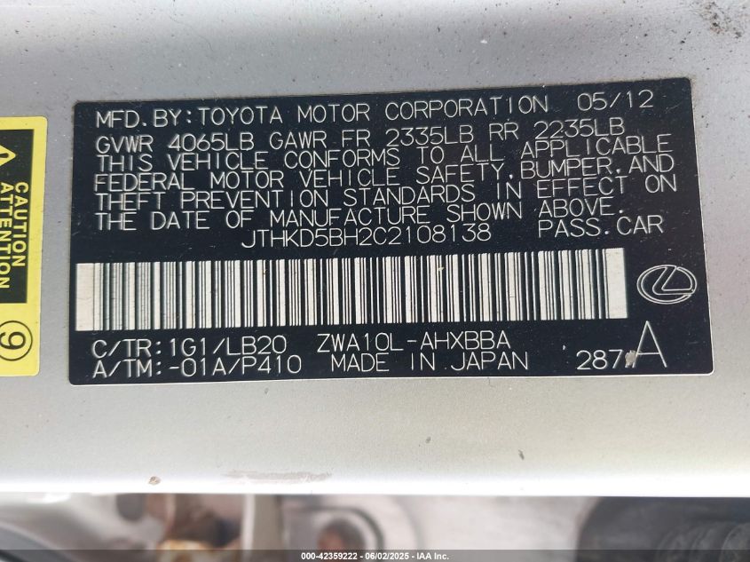 2012 Lexus Ct 200H Premium VIN: JTHKD5BH2C2108138 Lot: 42359222