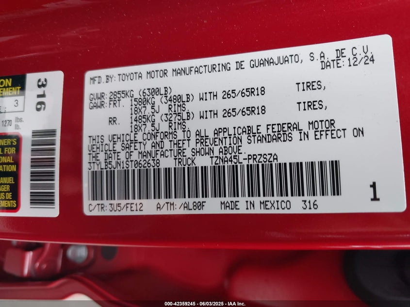 VIN 3TYLB5JN1ST062638 2025 TOYOTA TACOMA DOUBLE CAB/SR5/TRD SPORT/TRD OFF ROAD/LTD