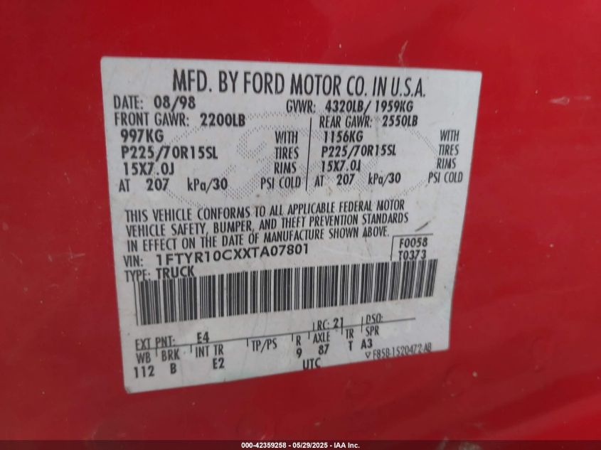 1999 Ford Ranger Xl/Xlt VIN: 1FTYR10CXXTA07801 Lot: 42359258