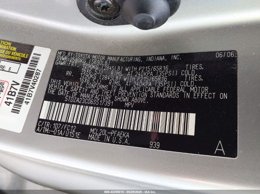 2006 Toyota Sienna Le VIN: 5TDZA23C06S517391 Lot: 42359310