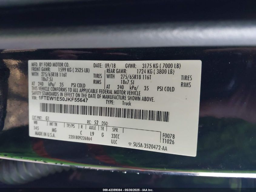 2018 Ford F-150 Xlt VIN: 1FTEW1E50JKF55647 Lot: 42359384