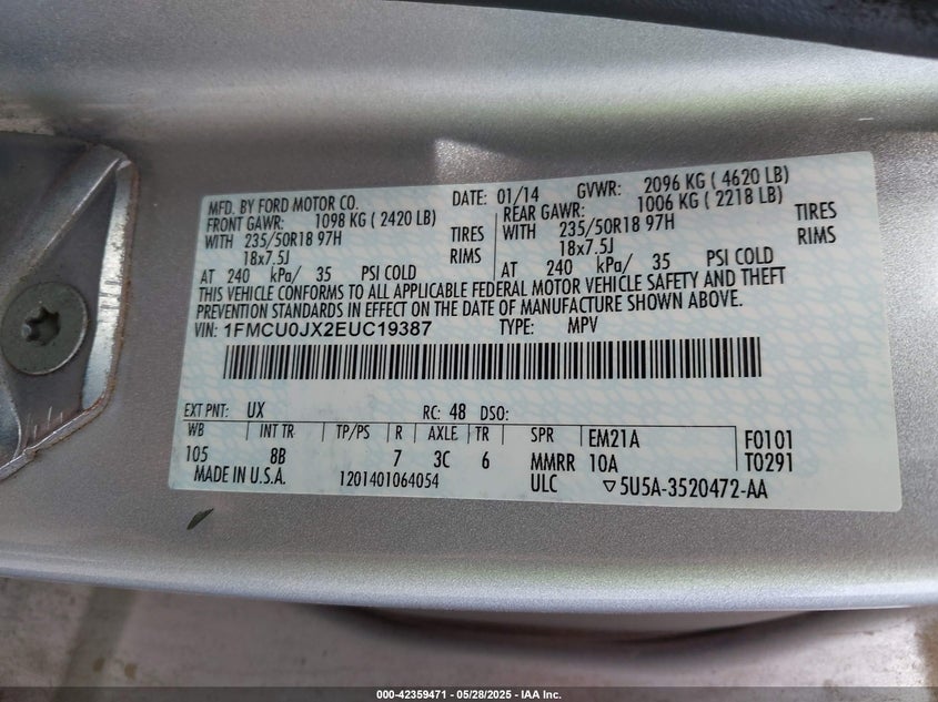 2014 FORD ESCAPE VIN: 1FMCU0JX2EUC19387