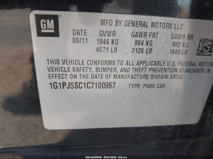 2012 CHEVROLET CRUZE VIN: 1G1PJ5SC1C7100967