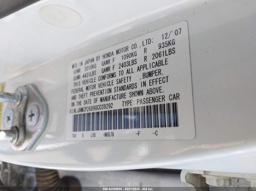 2008 HONDA ACCORD VIN: JHMCP26898C039292