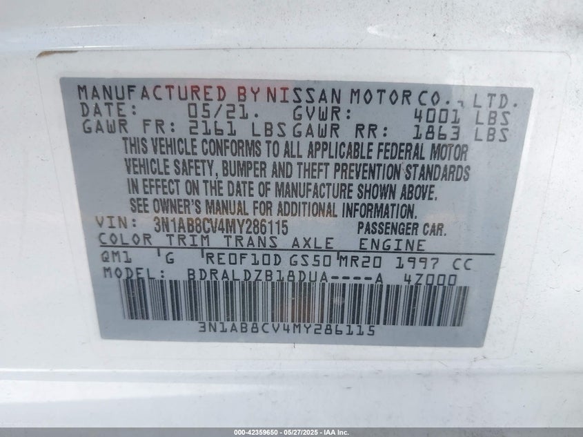 2021 NISSAN SENTRA VIN: 3N1AB8CV4MY286115
