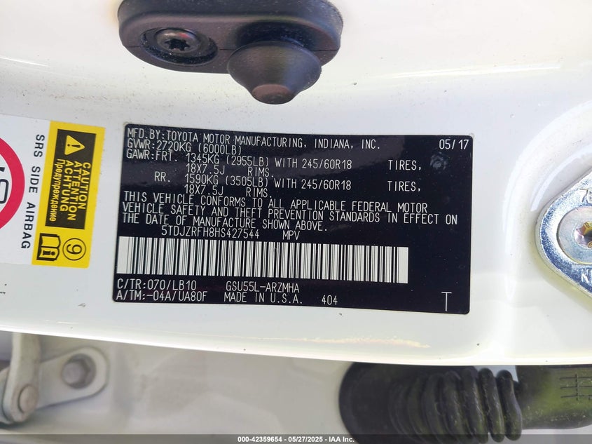 VIN 5TDJZRFH8HS427544 2017 TOYOTA HIGHLANDER XLE