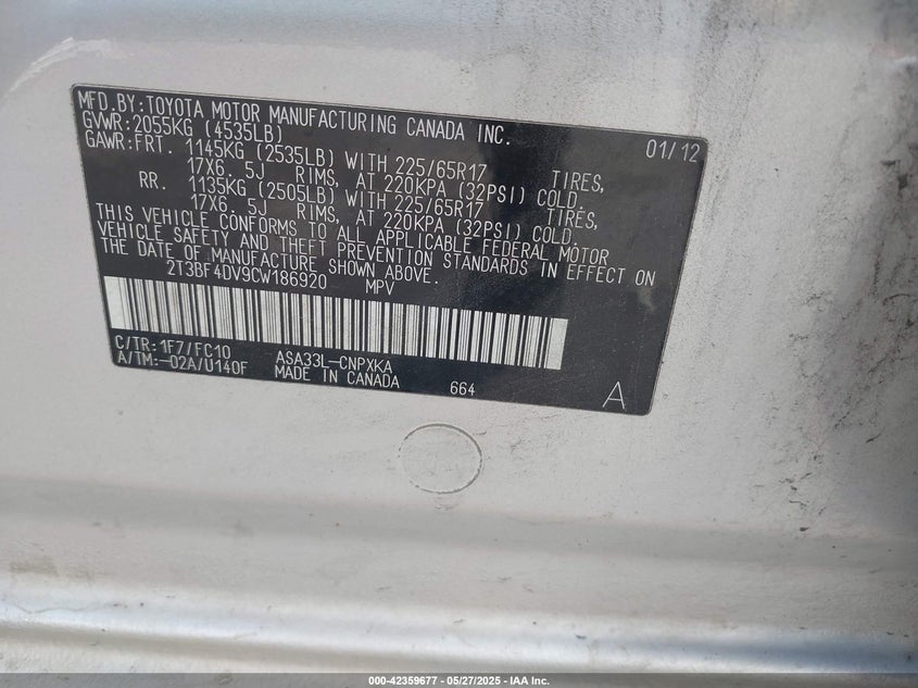 2012 TOYOTA RAV4 VIN: 2T3BF4DV9CW186920