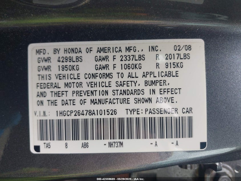 2008 HONDA ACCORD VIN: 1HGCP26478A101526