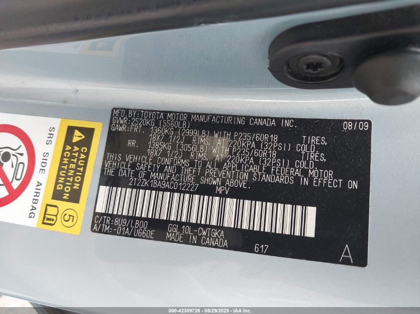 2010 Lexus Rx 350 VIN: 2T2ZK1BA9AC012227 Lot: 42359726