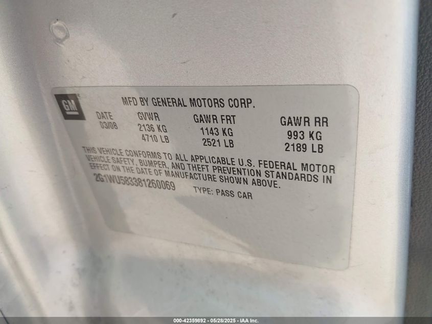 2008 Chevrolet Impala Ltz VIN: 2G1WU583381260069 Lot: 42359892