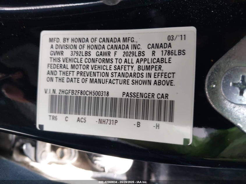 2012 HONDA CIVIC VIN: 2HGFB2F80CH500318