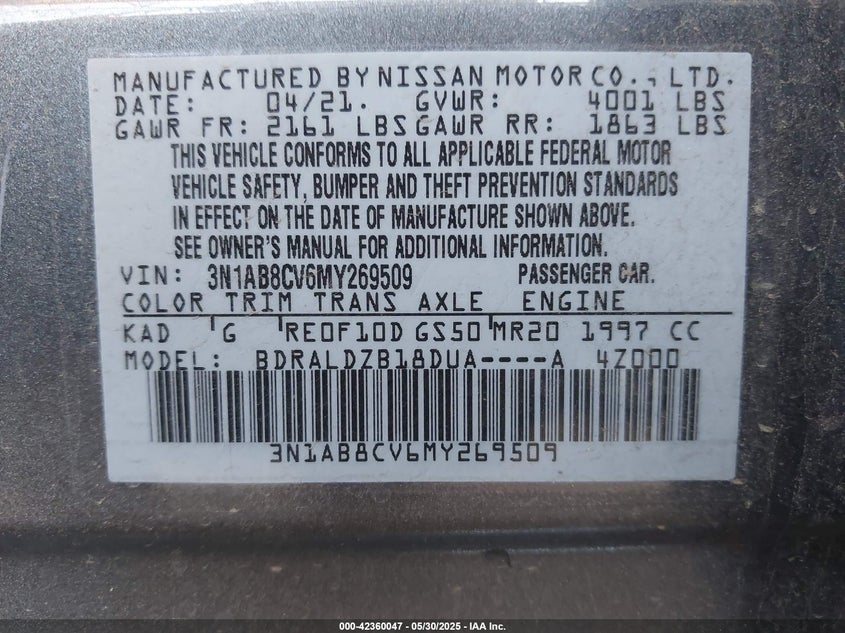 2021 NISSAN SENTRA VIN: 3N1AB8CV6MY269509