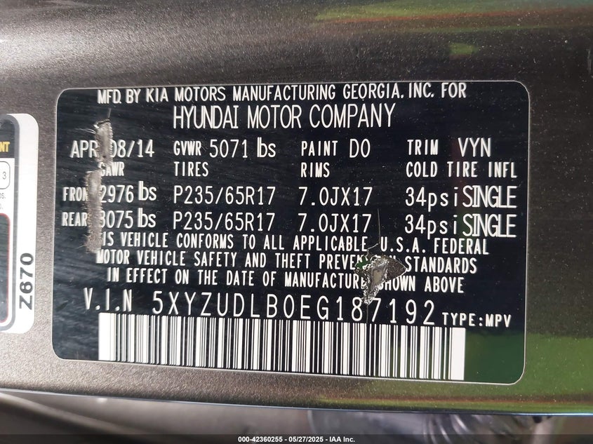 2014 HYUNDAI SANTA FE SPORT VIN: 5XYZUDLB0EG187192