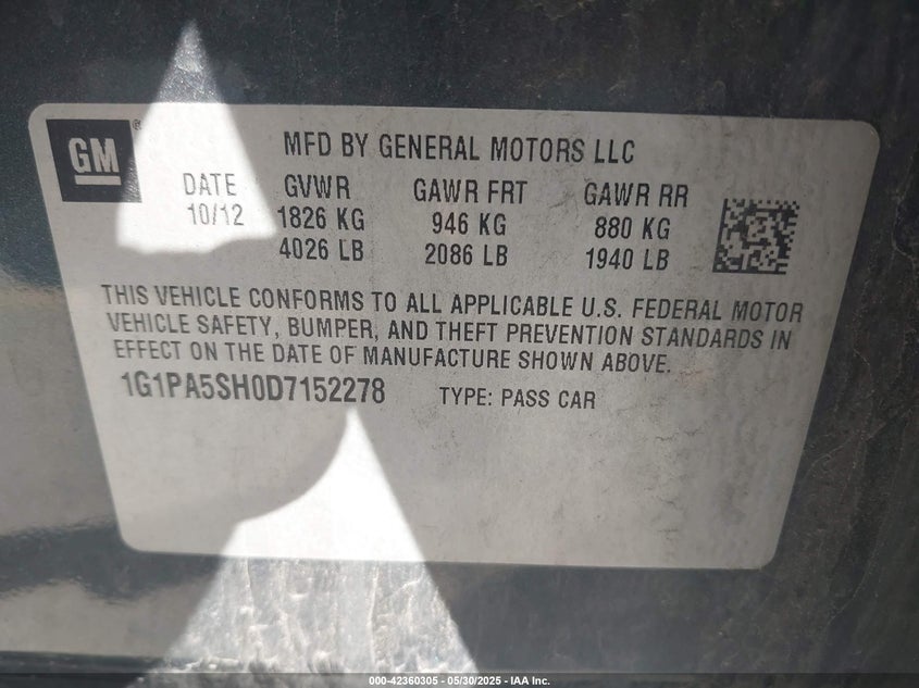 2013 CHEVROLET CRUZE VIN: 1G1PA5SH0D7152278