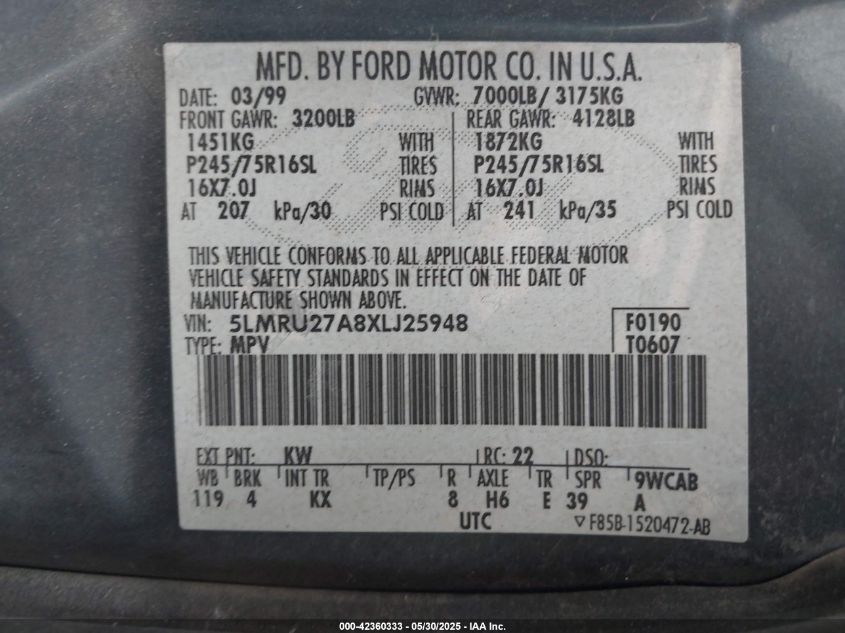 1999 Lincoln Navigator VIN: 5LMRU27A8XLJ25948 Lot: 42360333