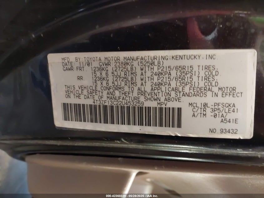 2002 Toyota Sienna Xle VIN: 4T3ZF13C22U453259 Lot: 42360339