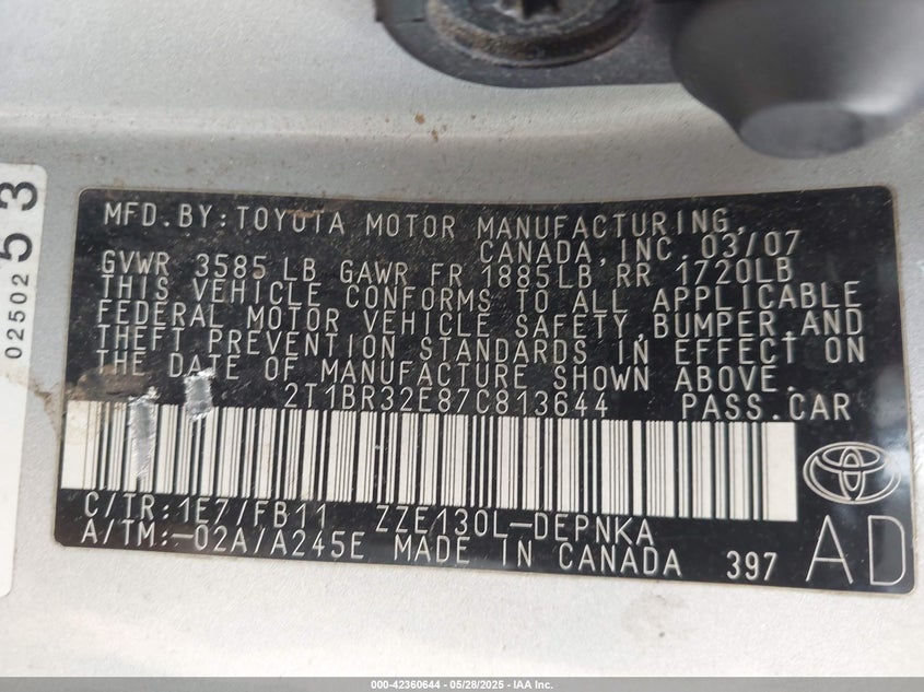 2007 TOYOTA COROLLA VIN: 2T1BR32E87C813644