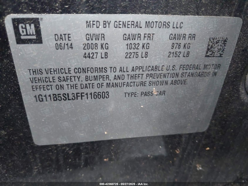 2015 CHEVROLET MALIBU VIN: 1G11B5SL3FF116603