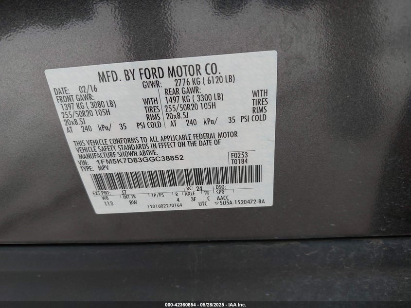 2016 FORD EXPLORER VIN: 1FM5K7D83GGC38852
