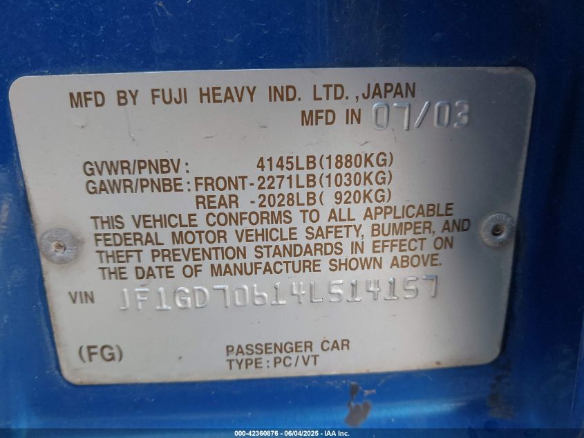 2004 Subaru Impreza Wrx Sti VIN: JF1GD70614L514157 Lot: 42360876