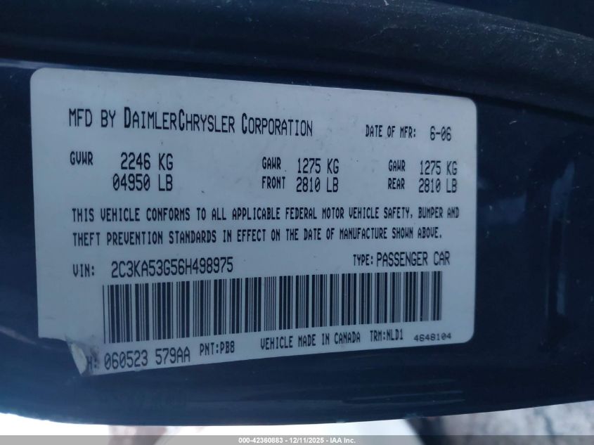 2006 Chrysler 300 Touring VIN: 2C3KA53G56H498975 Lot: 42360883