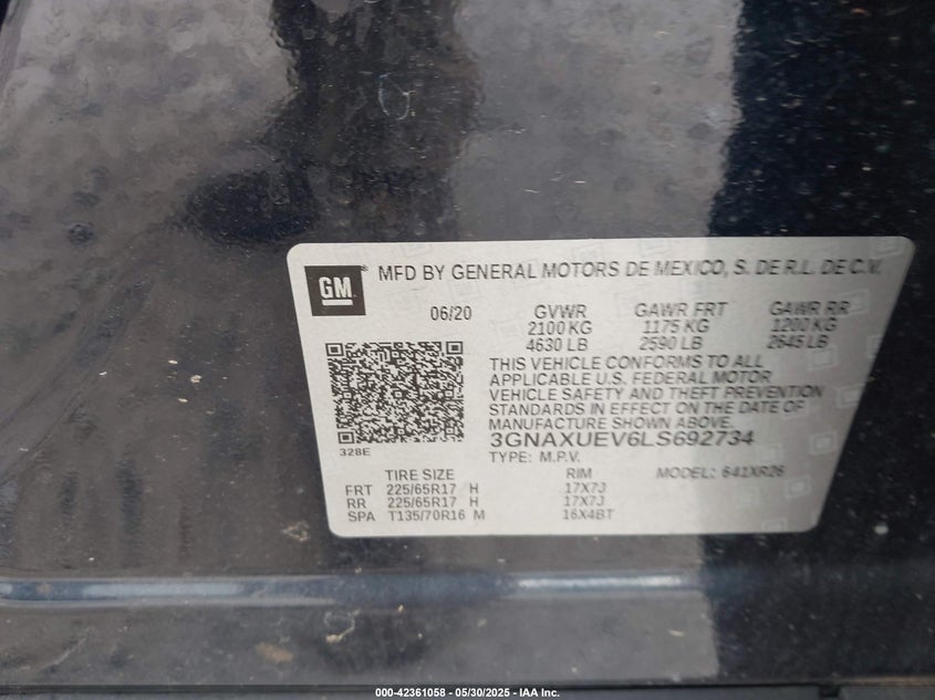 2020 CHEVROLET EQUINOX VIN: 3GNAXUEV6LS692734