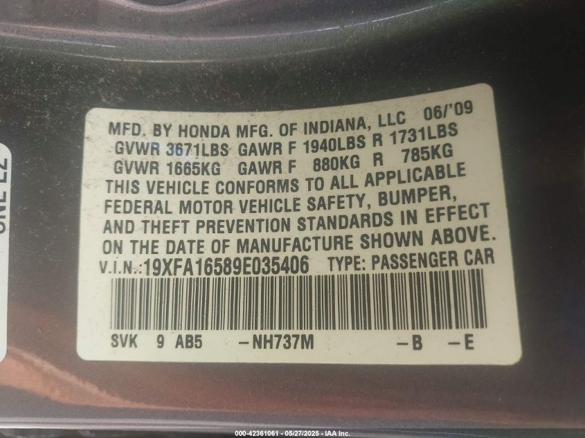 2009 Honda Civic Lx VIN: 19XFA16589E035406 Lot: 42361061