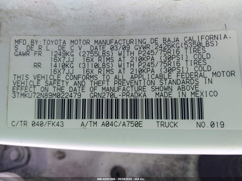 2009 TOYOTA TACOMA VIN: 3TMKU72N89M022479