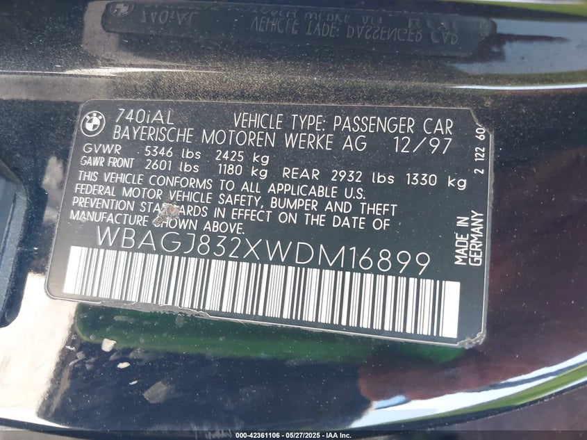 1998 BMW 740Il VIN: WBAGJ832XWDM16899 Lot: 42361106