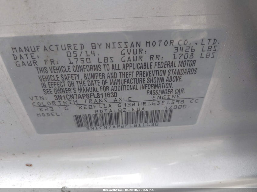 2015 NISSAN VERSA VIN: 3N1CN7AP8FL811630