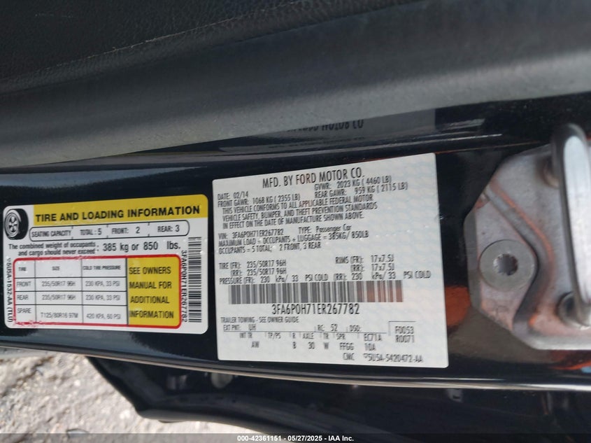 2014 FORD FUSION VIN: 3FA6P0H71ER267782