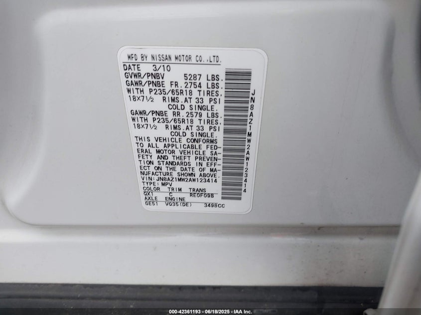 2010 NISSAN MURANO VIN: JN8AZ1MW2AW123414