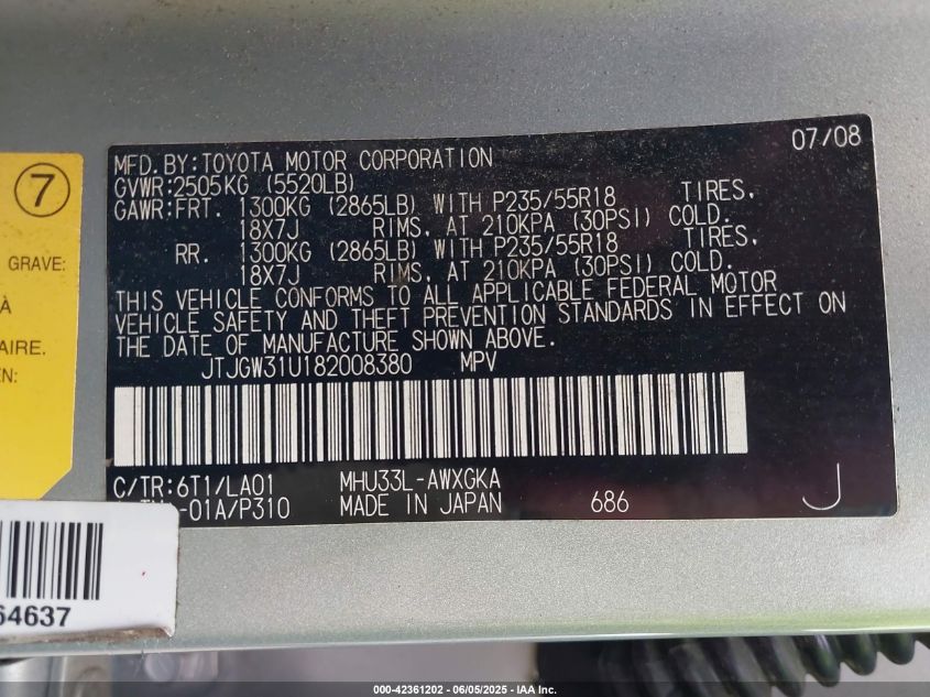 2008 Lexus Rx 400H VIN: JTJGW31U182008380 Lot: 42361202