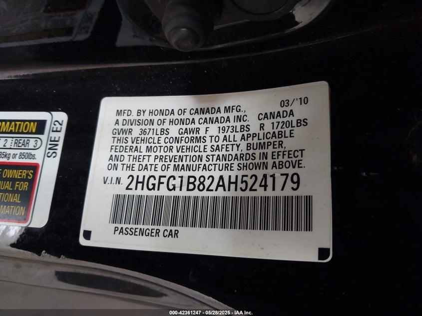 2010 HONDA CIVIC VIN: 2HGFG1B82AH524179