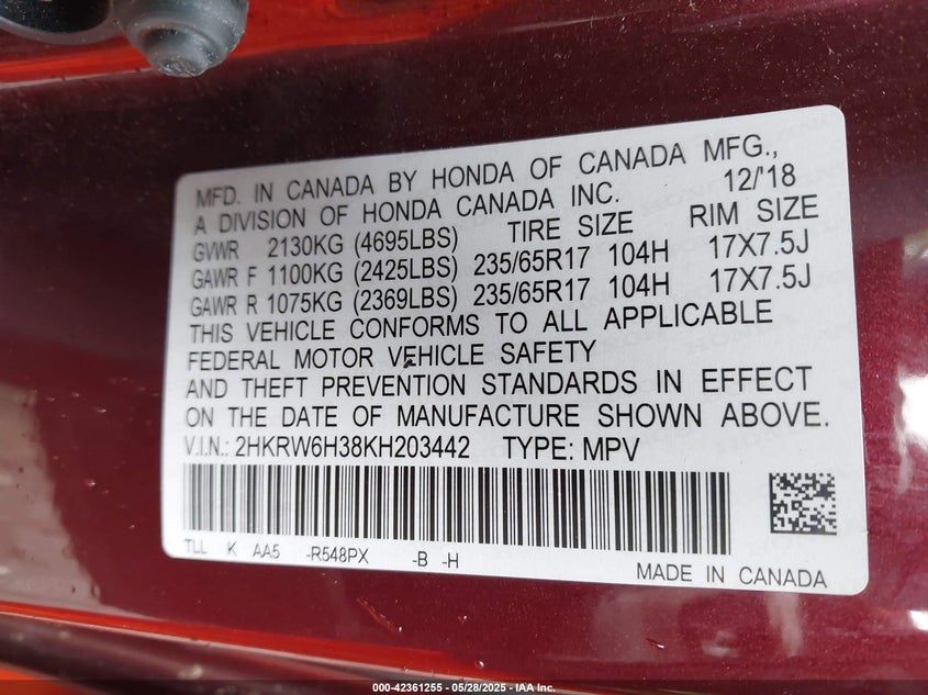 2019 HONDA CR-V LX - 2HKRW6H38KH203442