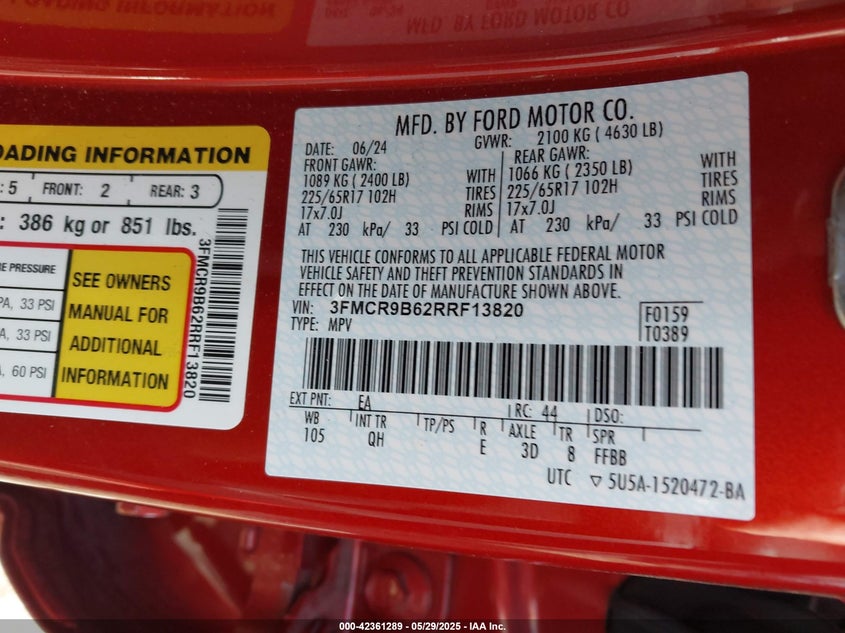 2024 FORD BRONCO SPORT VIN: 3FMCR9B62RRF13820
